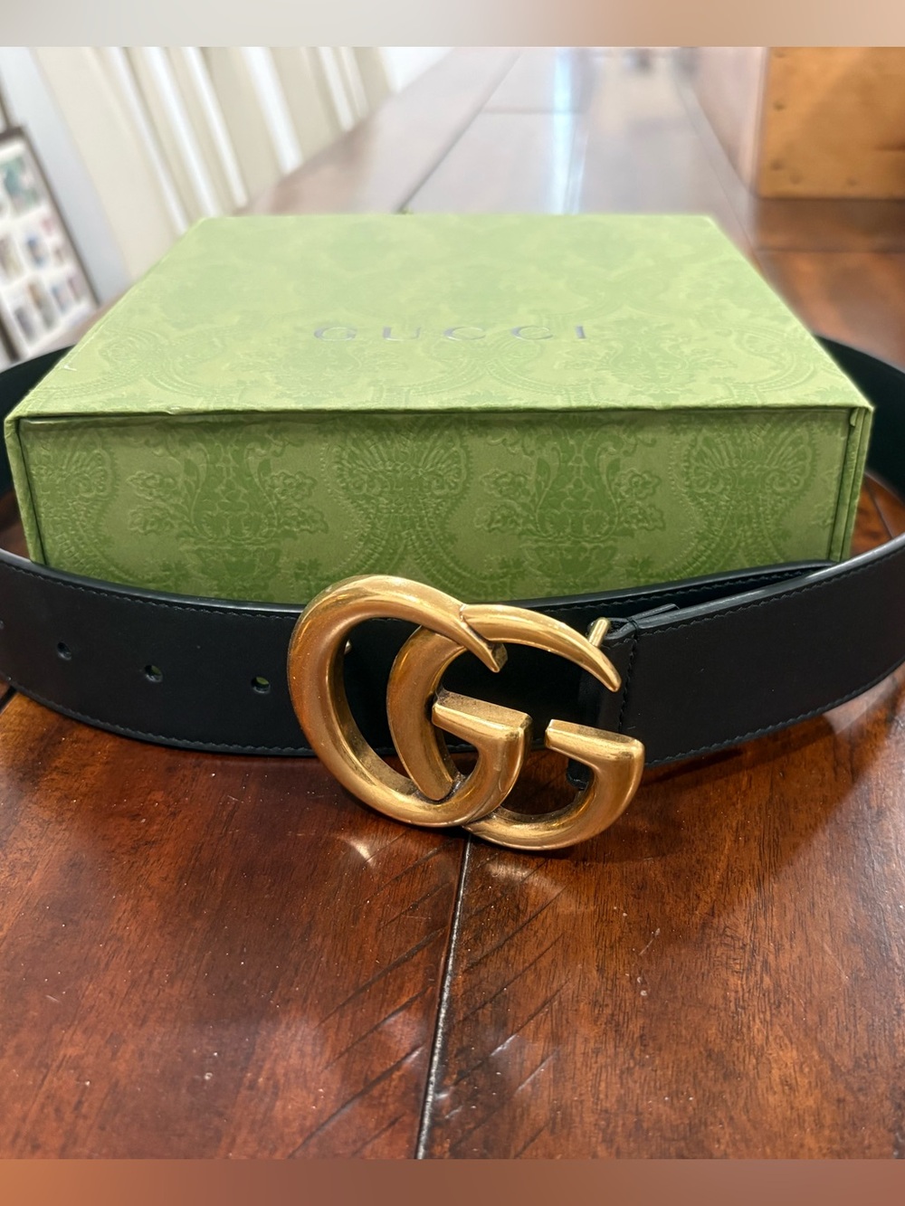 Gucci Black Leather Belt with Gold Double G Buckle